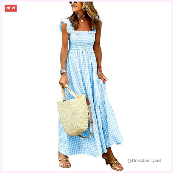 Dresses & Skirts - Women's Square Neck Plaid Smocked Maxi Dress Ruffle Sleeve Tiered A-Line